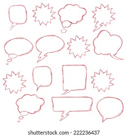 Set of hand drawn text correction elements. Arrows pointing in different directions. Underlines, highlights objects and speech bubbles. Red signs isolated on white background.