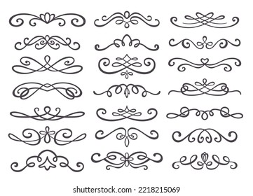 Set of Hand drawn text dividers and vintage elements. Flourishes and swirls for wedding decoration. Vector illustration