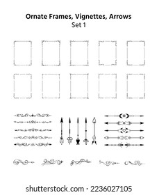 Set of hand drawn text dividers, calligraphic vignettes. Elegant retro lines, frames, paragraph separators, and arrows, page decoration. Editable romantic design elements for prints