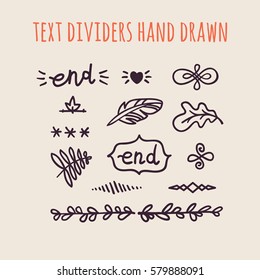 Set of hand drawn text dividers isolated on light background. Old paper Decoration. Vector vintage ornament for design text books, greeting cards and invitations
