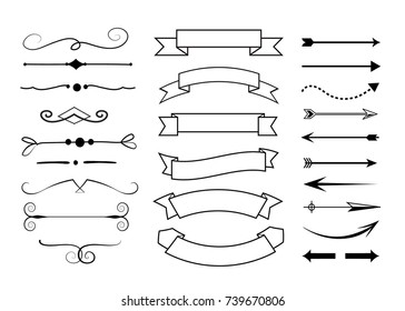 set of hand drawn text dividers, banners and arrows. text decoration elements