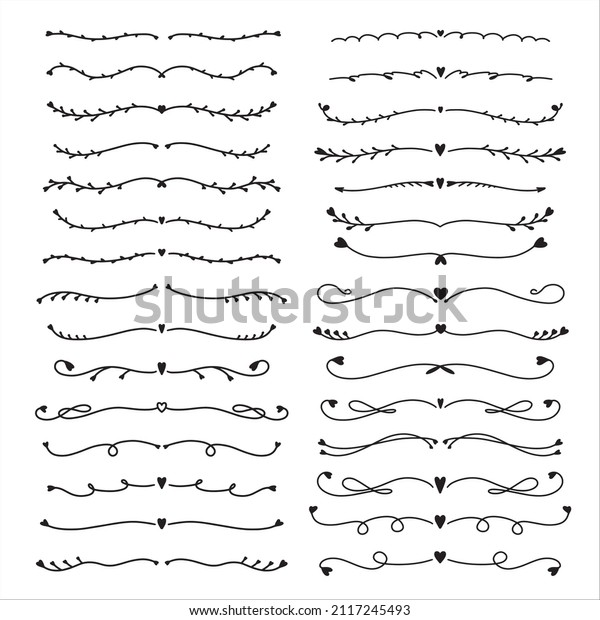 Set of hand drawn text\
dividers isolated on white background. Silhouette dividers with\
heart for books, greeting cards, invitations, web. Doodle\
style.