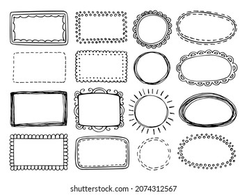Set of hand drawn text frames. Vintage book badges, highlighters, monograms, ornaments, vignettes. Doodle thin line art vector illustration. Isolated element. Elegant decor.