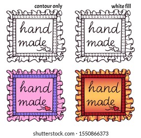 Set of hand drawn textile patches with seam, heart and handwritten inscription "hand made". Isolated logo or label vector illustration for creative occupation products