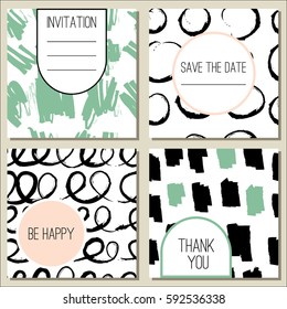 Set of hand drawn texture designs. Save the date, be happy, thank you. Vector ink illustration. Abstract grunge greeting cards, invitation, banner, postcard with brush strokes, smudges, blots, lines