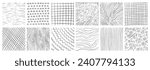 Set of hand drawn texture with different pencil patterns. Crosshatch, rain, wood, spiral and lines. Vector illustration on white background