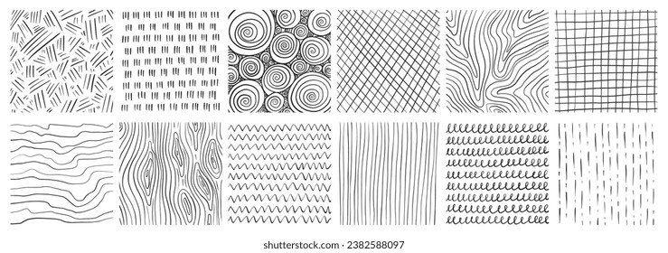 Conjunto de texturas dibujadas a mano con diferentes patrones de lápiz. Sombra de cruz, lluvia, madera, espiral y líneas. Ilustración del vector sobre fondo blanco