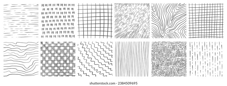 Set of hand drawn texture with different pencil patterns. Crosshatch, rain, wood, wave and lines. Vector illustration on white background