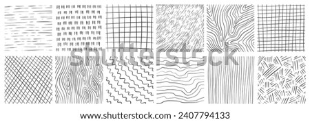 Set of hand drawn texture with different pencil patterns. Crosshatch, rain, wood, spiral and lines. Vector illustration on white background Stock foto © 