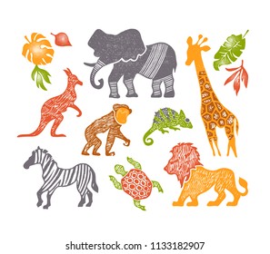 Set of hand drawn and textured animals, cute isolated zoo and jungle vector illustrations. 