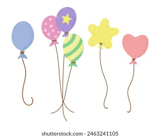 Conjunto de globos dibujados a mano con textura en estilo infantil plano y colores pastel de caramelo. Ilustración tipográfica de Vector aislada sobre fondo blanco.
