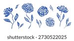 Set of hand drawn textured blue ink rose or peony flowers and leaves. Sketch vector grunge floral blossoms and grass elements, symbols for pattern design, greeting card decoration, logo, tattoo
