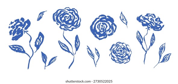 Set of hand drawn textured blue ink rose or peony flowers and leaves. Sketch vector grunge floral blossoms and grass elements, symbols for pattern design, greeting card decoration, logo, tattoo