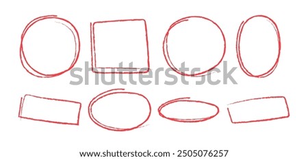 Set hand drawn textured frames for text or photo. Red accent lines for collages - geometric scribble frames, doodle stroke. Mark frame with chalk or crayon texture. Red underline geometric shape.