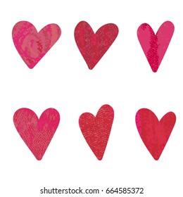 a set of hand drawn textured hearts; a cute doodle collection;  a vector illustration