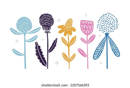 Set with hand drawn textured silhouette wild flowers in linocut style. Isolated on white vector illustration