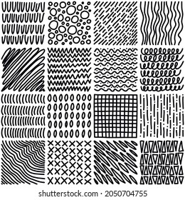 Conjunto de texturas dibujadas a mano. Patrones en blanco y negro en forma de doodle. Fondo de parches