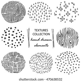 Set of the hand drawn textures and brushes. Collection of  the artistic design elements. Dots, crosses, lines, dabs, wood texture, abstract backgrounds, patterns made with ink. Isolated vector kit.