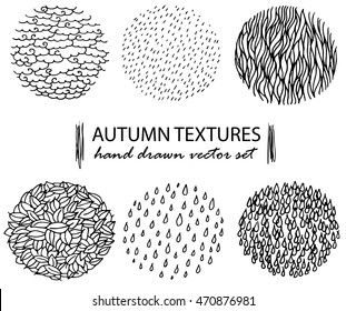Set of the hand drawn textures and brushes. Autumn collection of artistic design elements. Leaves, rain drops, grass, clouds, waves, abstract backgrounds, patterns made with ink. Isolated vector kit