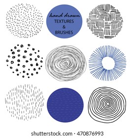 Set of the hand drawn textures and brushes. Collection of the artistic design elements. Brush strokes, paint dabs, dots, curves, lines, abstract backgrounds, patterns made with ink. Isolated vector