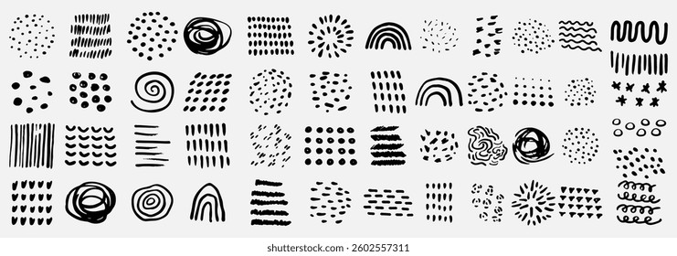 Set of Hand Drawn Textures. Geometric Shapes, Circles. Lines Hand Drawn Set. Abstract Grunge Brush Strokes for Wall Art, Banner, Poster, Print, Collage. Vector Trendy Grunge Symbols and Shapes. Not AI
