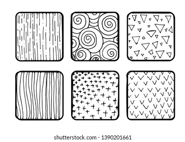 Set of hand drawn textures. Grungy hand drawn lines, frames, stains, dots, stripes, patterns. Sketched, doodle style