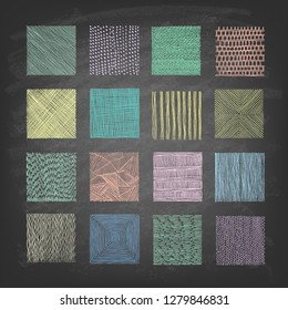 Set of hand drawn textures on the blackboard. Vector illustration. 