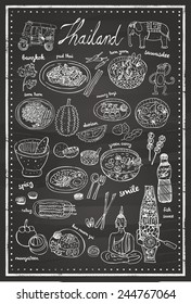 Set of hand drawn Thai food and symbols on chalkboard, vector