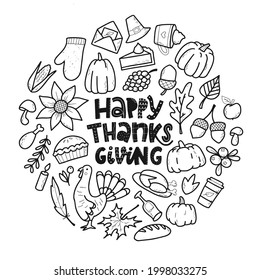 set of hand drawn thanksgiving doodles and lettering quote for stickers, prints, invitations, cards, coloring pages, invitation templates, etc. EPS 10