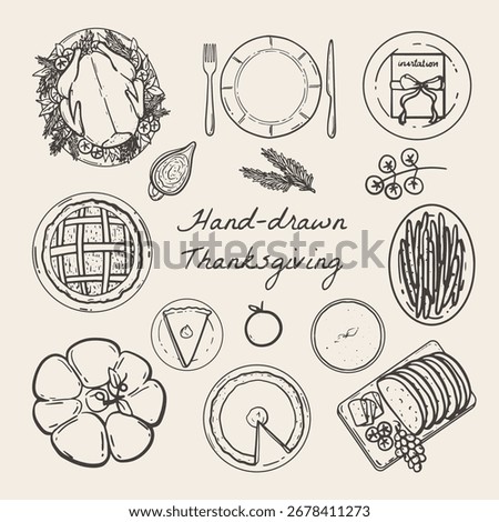 Set of hand drawn thanksgiving elements. Vector illustration hand drawn thanksgiving dinner sketch from above for thanksgiving invitation, cards, and greetings