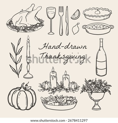 Set of hand drawn thanksgiving elements. Vector illustration hand drawn thanksgiving dinner sketch for thanksgiving invitation, cards, and greetings