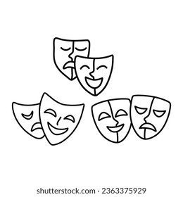 Set of hand drawn theater mask illustration with happy and sad expression illustration with doodle style vector isolated on white background