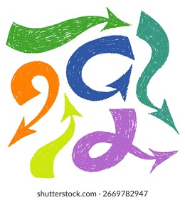 Set of hand drawn thick arrows with crayon, pastel or chalk texture. Circle arrows isolated on a white background.
