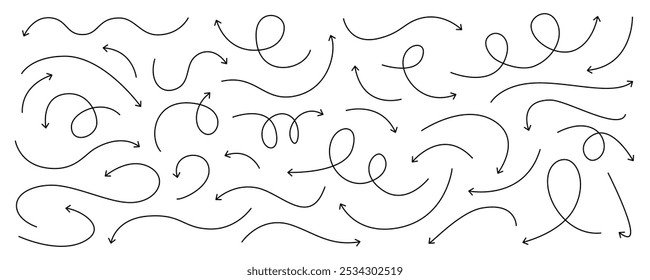 Conjunto de setas direcionais de linha curva fina desenhadas à mão no estilo doodle. Coleção de setas curvas pretas isoladas em fundo branco. Ilustração vetorial para infográfico, cartaz, esquema