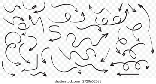Conjunto de setas direcionais de linha curva fina desenhadas à mão no estilo doodle. Coleção de setas curvas pretas isoladas em fundo branco.