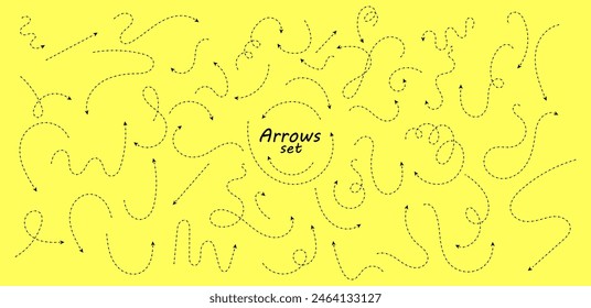 Set of hand drawn thin dash line arrows. Collection of curved pointers. Yellow dot vector pointers pointing in different directions. Simple design elements of signpost showing confusing complex path