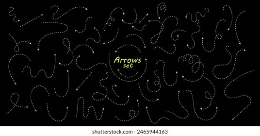 Set of hand drawn thin dash line arrows. Collection of curved pointers. Yellow dot vector pointers pointing in different directions. Simple design elements of signpost showing confusing complex path.