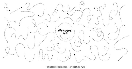 Set of hand drawn thin dash line arrows. Collection of curved pointers. Black dot vector pointers pointing in different directions. Simple design elements of signpost showing confusing complex path.