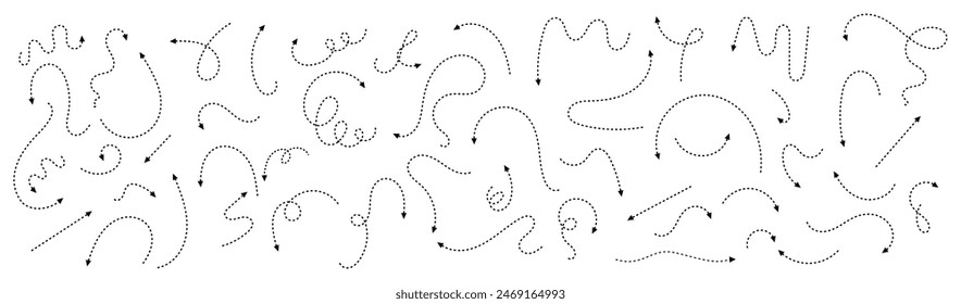 Set of hand drawn thin dash line arrows. Collection of curved pointers. Black dot vector pointers pointing in different directions. Simple design elements of signpost showing confusing complex path.