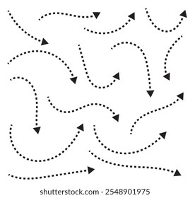 Conjunto de setas de linha traço fino desenhadas à mão. Coleção de ponteiros curvos. Ponteiros vetoriais de ponto preto apontando em direções diferentes. Elementos de design simples de placa de sinalização mostrando caminho complexo confuso.