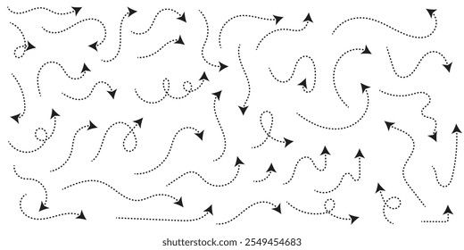 Conjunto de setas de linha traço fino desenhadas à mão. Coleção de ponteiros curvos