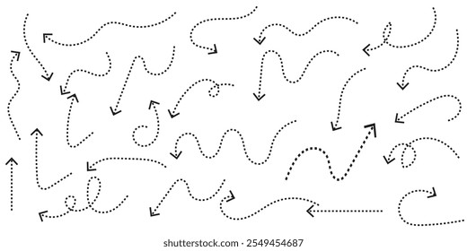 Conjunto de setas de linha traço fino desenhadas à mão. Coleção de ponteiros curvos