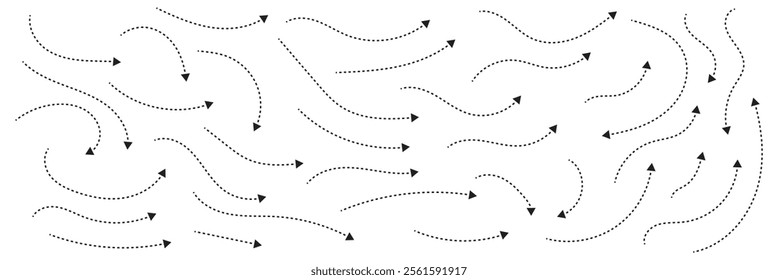 Set of hand drawn thin dash line arrows. Collection of curved pointers. Black dot vector pointers pointing in different directions. 