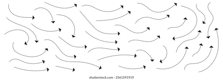 Set of hand drawn thin dash line arrows. Collection of curved pointers. Black dot vector pointers pointing in different directions. 