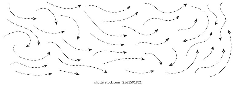 Set of hand drawn thin dash line arrows. Collection of curved pointers. Black dot vector pointers pointing in different directions. 