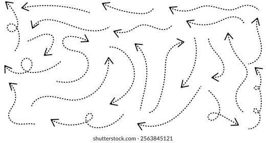 Set of hand drawn thin dash line arrows. Collection of curved pointers. Black dot vector pointers pointing in different directions