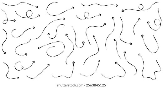 Set of hand drawn thin dash line arrows. Collection of curved pointers. Black dot vector pointers pointing in different directions