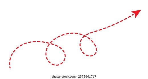 Set of hand drawn thin dash line arrows. Collection of curved pointers. Black dot vector pointers pointing in different directions. Simple design elements of signpost showing confusing complex path.