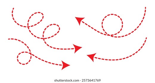 Set of hand drawn thin dash line arrows. Collection of curved pointers. Black dot vector pointers pointing in different directions. Simple design elements of signpost showing confusing complex path.