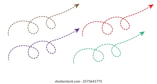 Set of hand drawn thin dash line arrows. Collection of curved pointers. Black dot vector pointers pointing in different directions. Simple design elements of signpost showing confusing complex path.